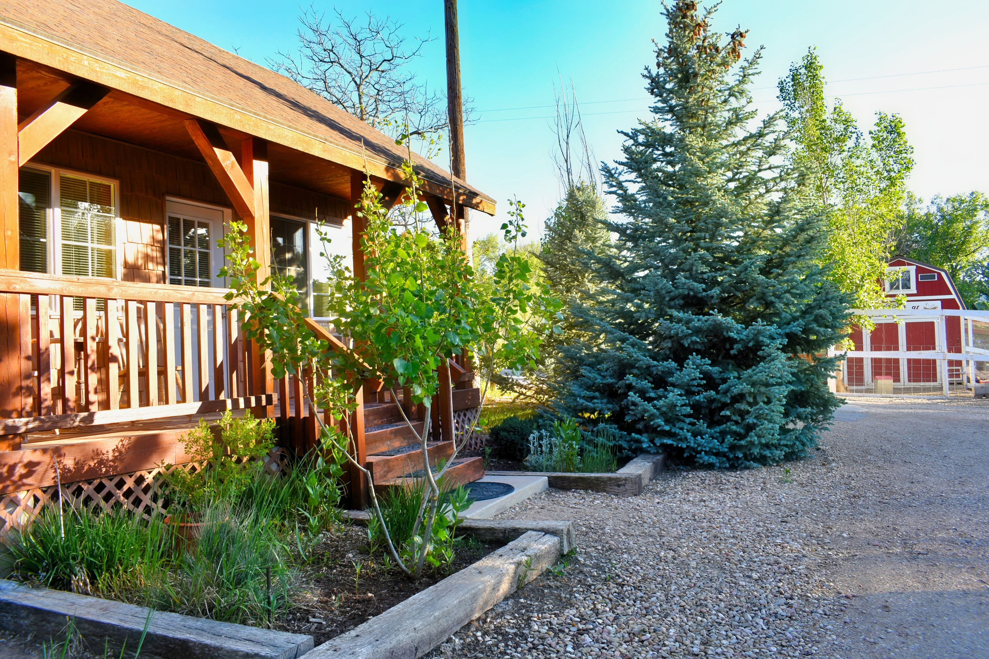 A wooden cabin with a porch and a gravel pathway leading to a red barn in the background.